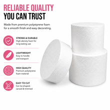 Load image into Gallery viewer, 6-Inch Thick Round Foam Cake Dummy – Polystyrene Styrofoam Cake Form for Decorating, Wedding &amp; Birthday Displays, Crafting, Modeling, and Art Projects – 1 Piece